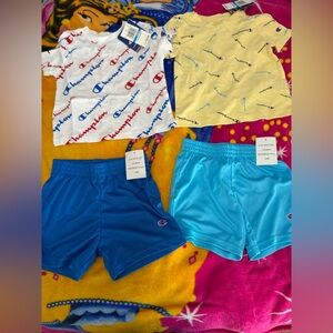 Champion Kids' Logo Tee and Shorts Set - White, Yellow, Blue